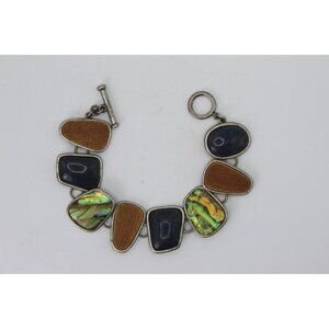 Vintage Artisan Bracelet W/ Abalone Shell Black Onyx-Style Stone & Wood Inlays T